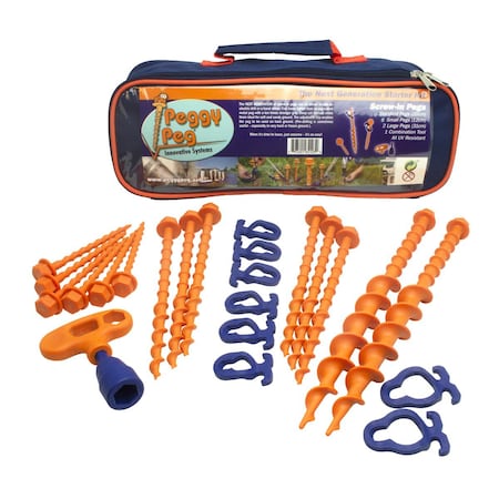 Peggy Peg Tie Down Stake Kit, 6 Standard Stakes, Small Stakes, & Crocodile Clips, Combo Tool, 2 Large Stakes PP-1031